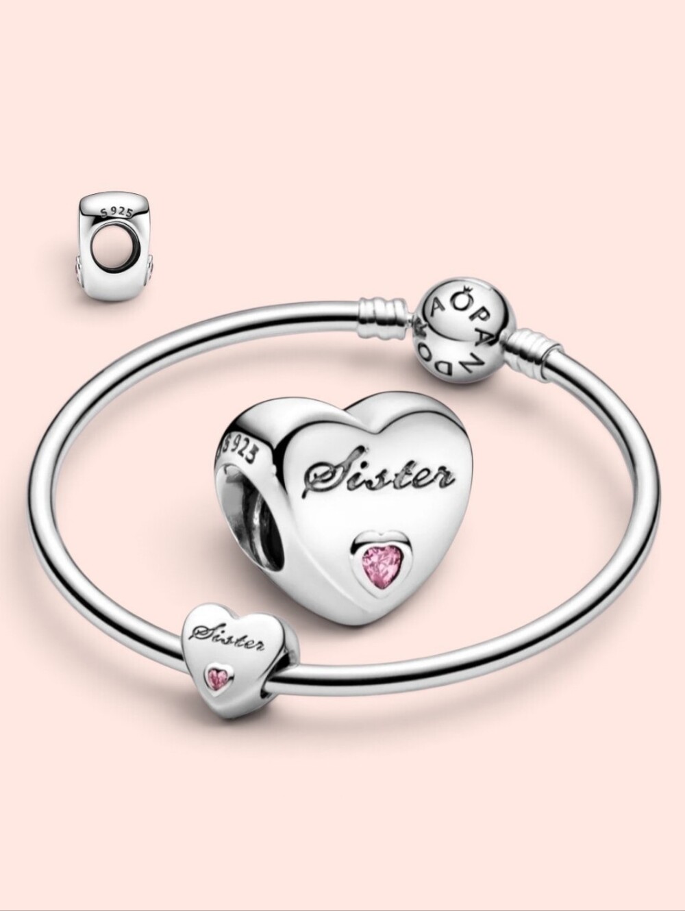 PANDORA Sterling Silver Sister Love Heart Charm With Pink CZ